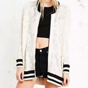 Free people knit lace varsity stripe zip up tunic sweater